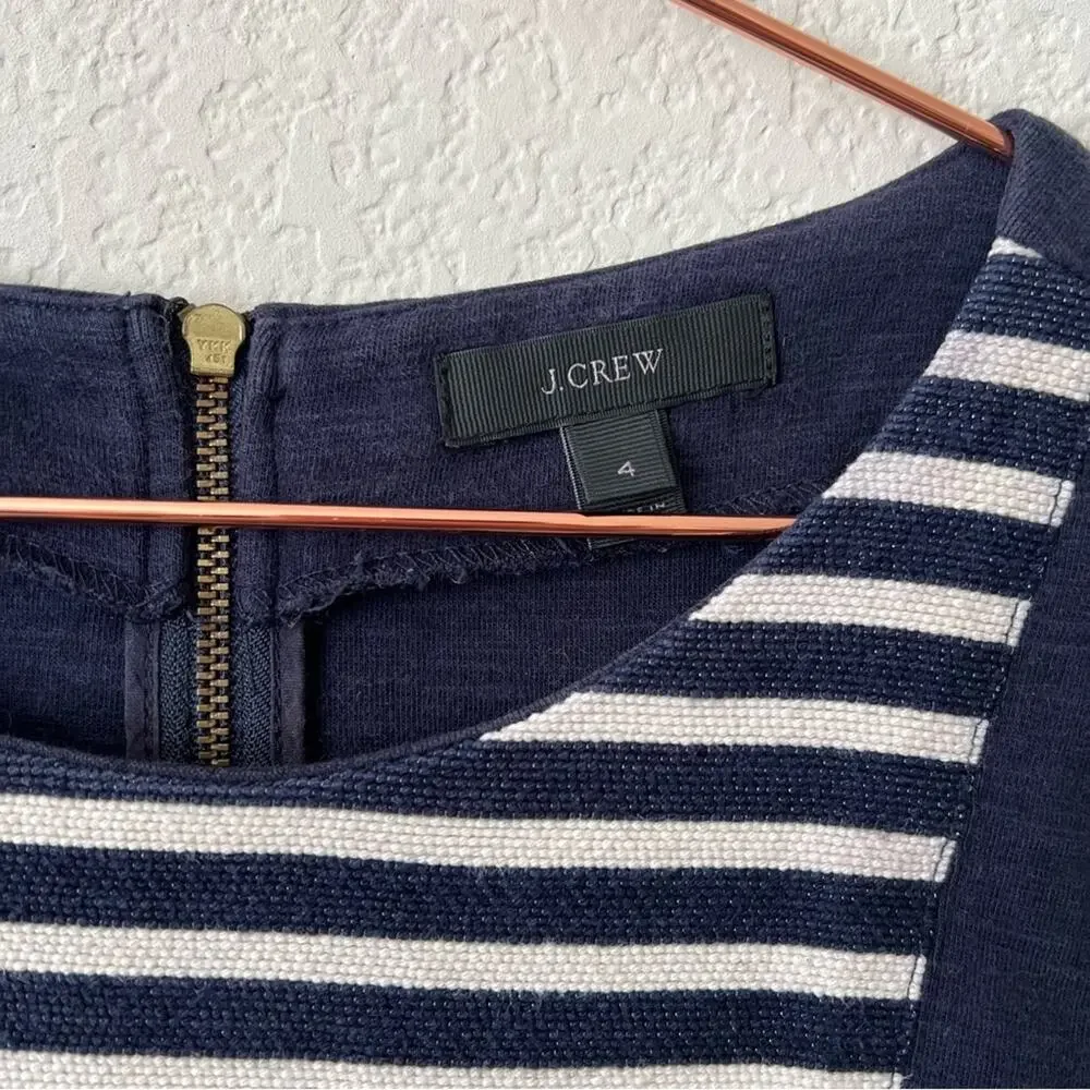 J Crew Knit Shift Dress Heather Navy Blue Cream Ivory Stripe exposed zipper